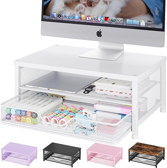Computer Monitor Stand Riser, Desk Organizers and Accessories with Drawer, Laptop Stand, Office Desk Accessories & Workspace Desktop Organizers Storage for Office Supplies(White)