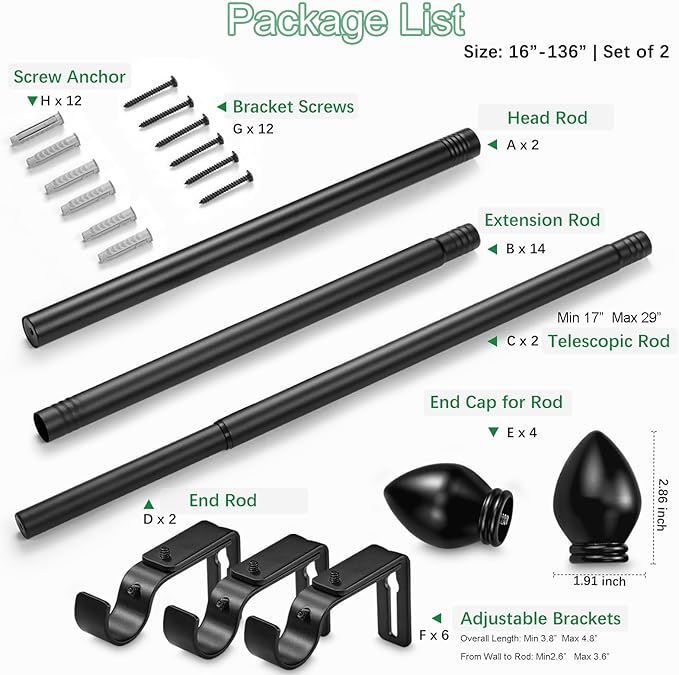 Curtain Rods for Windows 16 to 136 inches, Curtain Rod Max Adjustable Length to 146 in, Drapery Rod 1 inch Diameter with Modern Knobs Finials (Black, 16" to 136" - Set of 2)
