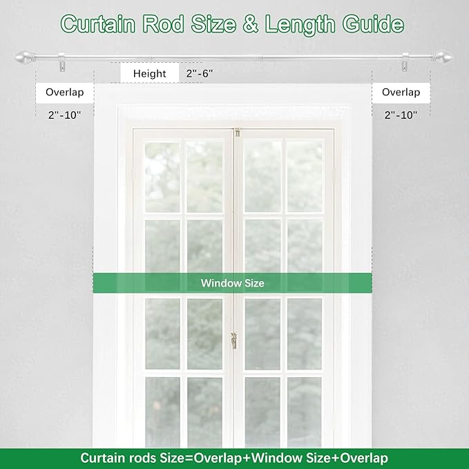 Curtain Rods for Windows 16 to 76 inches, Curtain Rod Max Adjustable Length to 88 in, Drapery Rod 1 inch Diameter with Modern Knobs Finials (Satin Silver, 16" to 76" - Set of 2)