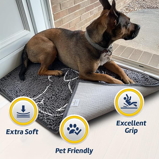Muddy Mat® Dog Sit Door Embroidery Mat Super Absorbent Microfiber Indoor Outdoor mat for Muddy Paws, Non-Slip Washable Pet Rug, Quick Dry Chenille Entryway Carpet, Machine Washable – Grey 19”x30”