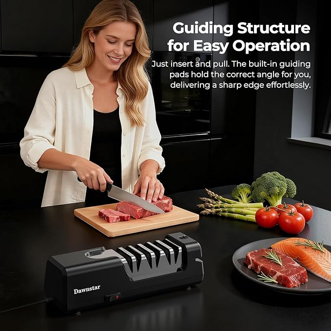 Electric Knife Sharpener, Precise 20° Diamond Knife Sharpener for Kitchen Knives, Quick Repairing in 40 Seconds, with Special Port for Scissors & Axes & Metal Dust Collection Box, Black