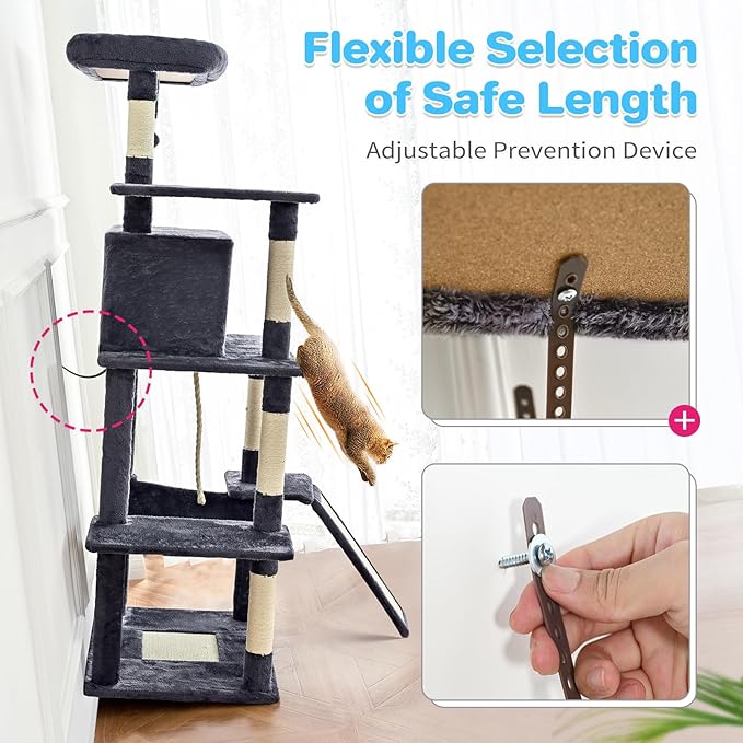 Cat Tree Tower 63in Multi-Level Cat Tower for Indoor Cats with Sisal Scratching Posts, Condo, Hammock, Dangling Ball and Extended Platform for Cats to Play, Pink