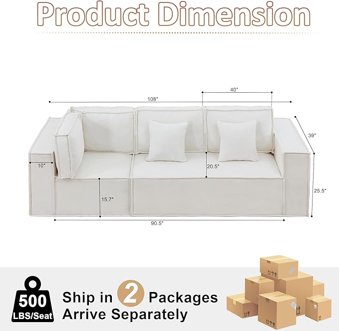 108'' Comfy Chenille Boneless Couch, Oversized Modular Sectional 3 Seater Sofa, Modern Deep Seat Corner Cloud Compressed Couch, No Assembly Sleeper Sofa with Chaise for Living Room, Beige