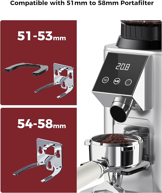 Tuni G1 Conical Burr Coffee Grinder, 48 Grind Settings Anti-static Burr Mill, Precision Electronic Timer and LED Touchscreen for Espresso/Drip/Cold Brew/French Press, Stainless Steel, Silver