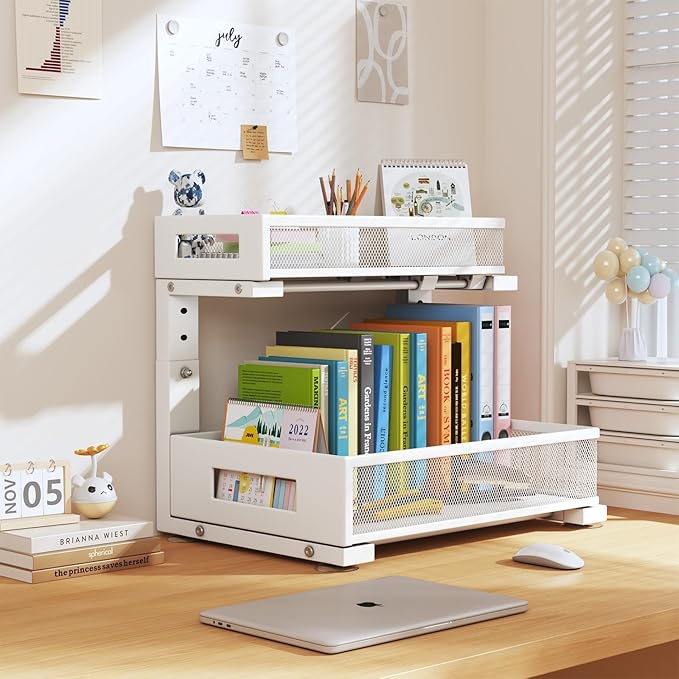 2-Pack Under Sink Storage Organizer, Large 2-Tier Elegant Mesh Pull Out Shelf for Kitchen and Bathroom Cabinet Organization, L-Shaped and Adjustable Height Design for Maximum Space Efficiency-White