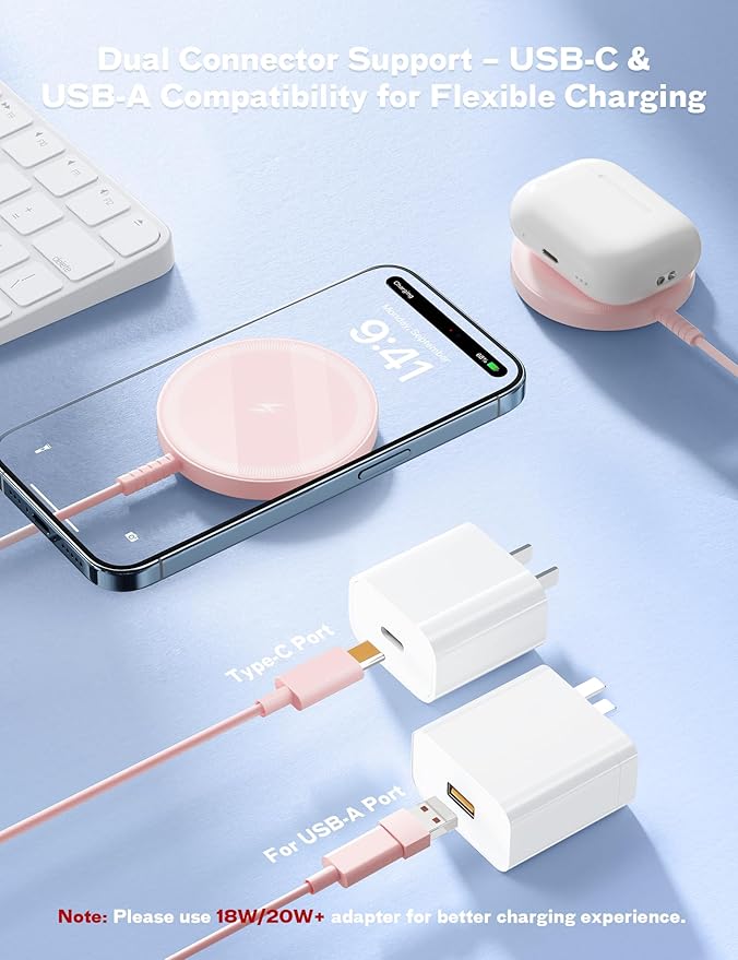 Magnetic Wireless Charger Fast Charge Strong Magnet Charging Pad for iPhone 17/16/15/14/13/12 - Series&AirPods Pro 4-2, Daul Ports, Case-Friendly, Ultra-Slim & Portable for Travel Nightstand Desk