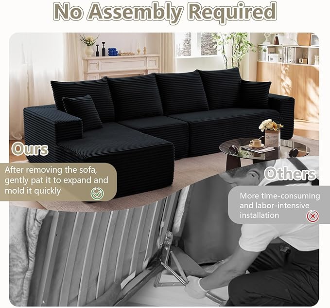 135" Modular Sectional Couches for Living Room, Comfy Boneless L Shaped Cloud Couch with Chaise Lounge, Modern Cozy Corduroy Deep Seat Floor Sofa, Memory Foam, No Assembly Required, Black