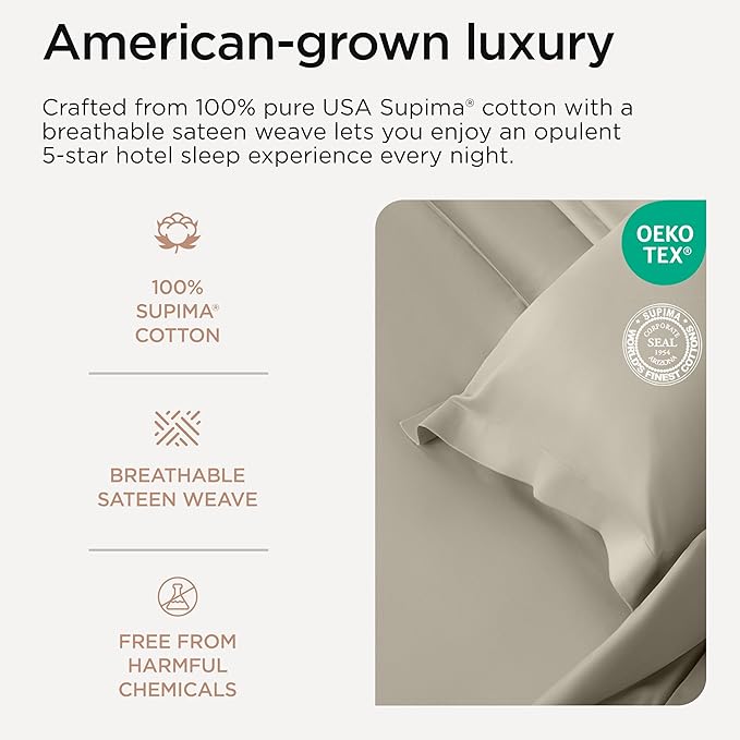 Threadmill Sheets for Twin Mattress | 800 Thread Count Twin Bed Sheets Set with 15” Deep Pocket | Sateen Weave, Better Than Egyptian Cotton, 3-Piece Bedding Set with Cooling Effect | Taupe