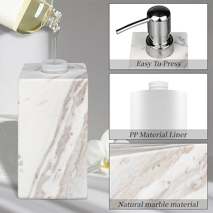 White Marble Soap Dispenser for Bathroom and Kitchen Countertop - Lotion and Liquid Soap Dispenser, 6.7 Ounces Soap Bottle with Pump