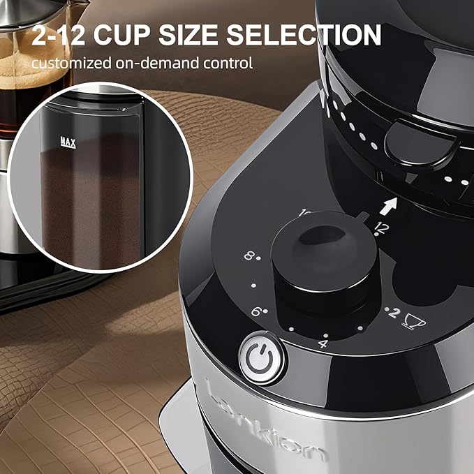 Burr Coffee Grinder - Electric Coffee Bean Grinder with 28 Adjustable Grind Settings For 2-12 Cups - Adjustable Coffee Grinders for Home Use - Easy to Use - Stainless Steel