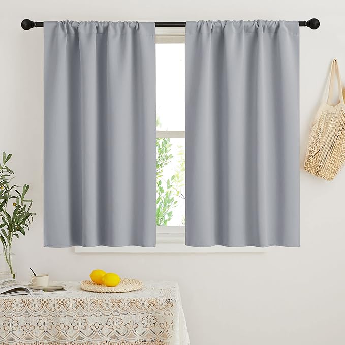 RYB HOME Kitchen Curtains 45 inch Length 2 Panels Set, Privacy Assured Drapes Room Darkening Small Window Treatment for Cafe Bathroom, W34 x L45 inch, Silver Grey