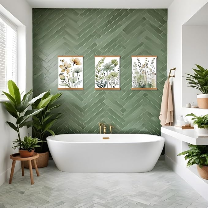 Hanging Botanical flowers Wall Art Set of 3, Watercolor Sage Botanical Plant Floral Canvas Prints Wall Decor, Boho Minimalist Poster Print Artwork for Living Room Bedroom Bathroom Home Decor 12x16In