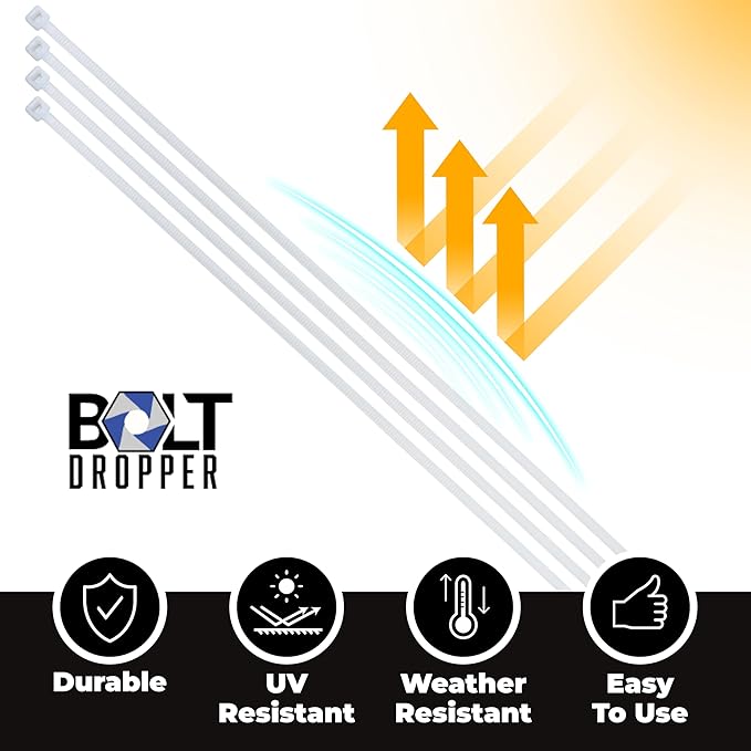 Bolt Dropper 11-Inch White Zip Ties, 1000-Pack - Heavy Duty Self-Locking Nylon Cable Ties with 50 lbs Tensile Strength - Indoor and Outdoor Cable Management Wire Tie - UV Resistant Zip Tie Wraps