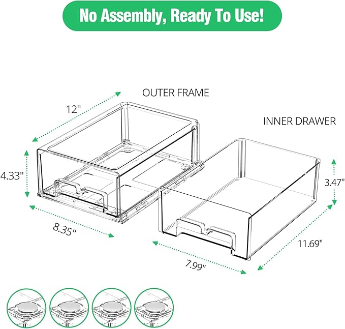 2 Pack Refrigerator Drawers - Fridge Organizer Bins Stackable Storage Drawers, Clear Refrigerator Organizing Containers Pull Out Drawer for Fruit, Vegetable Storage and Keep Fresh
