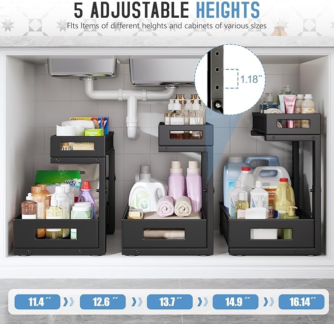 2-Pack Under Sink Storage Organizer, Large 2-Tier Elegant Mesh Pull Out Shelf for Kitchen and Bathroom Cabinet Organization, L-Shaped and Adjustable Height Design,Patent Pending-Black