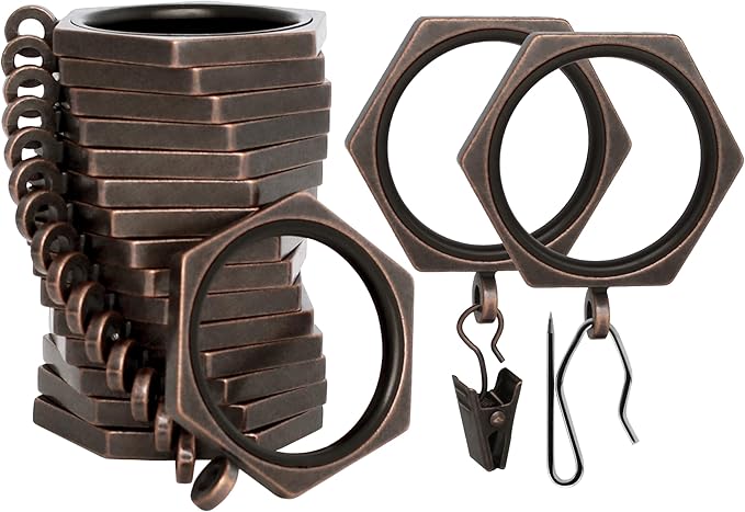 BlastHome® Luxury Curtain Rings - Premium Metal with Quiet, Smooth Nylon Inserts - Pinhooks and Clips Included - 1 1/2" Inside Diameter - 18 Rings for Two Standard Curtains - Oil Rubbed Bronze