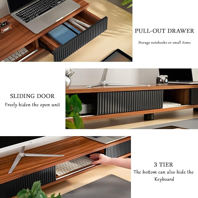 Artswish Dual Monitor Riser with Power Outlet, 42 Inch Wood Monitor Stand for 2 Monitors with Drawer Storage, Computer Monitor Stand Riser with Adjustable Feet, Double Monitor Stand Desk Shelf, Walnut