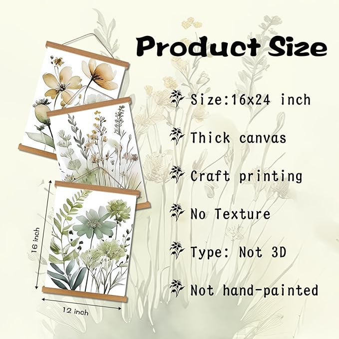 Hanging Botanical flowers Wall Art Set of 3, Watercolor Sage Botanical Plant Floral Canvas Prints Wall Decor, Boho Minimalist Poster Print Artwork for Living Room Bedroom Bathroom Home Decor 12x16In