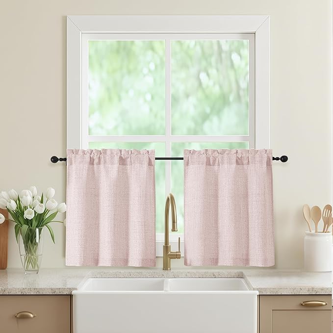 Blush Pink Kitchen Curtains 24 Inch Length 2 Panels, Light Filtering Faux Linen Textured Short Curtains Tier for Windows, Small Curtain for Cafe Cabinet Bathroom Basement RV Camper, 30Wx24L
