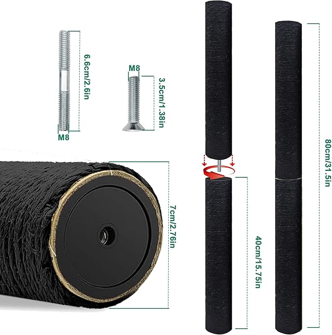 Cat Scratching Post Replacement Pole, Black,2 PCS 15.7in Cat Tree Replacement Post, Natural Sisal Cat Tree Replacement Parts with M8 Screws, Cat Scratch Post Replacement for Refurbishment