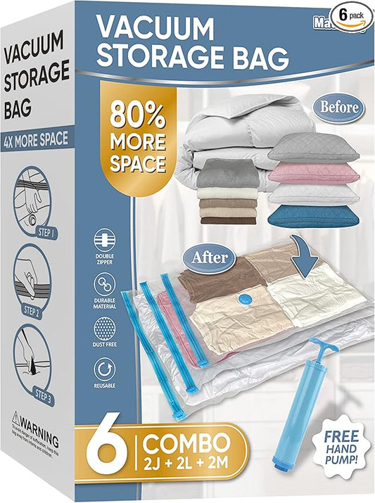 Space Saver Vacuum Storage Bags, 6 Pack Combo (2 Jumbo/2 Large/2 Medium) Space Saver Bags with Pump, Storage Vacuum Sealed Bags for Clothes, Comforters, Blankets, Bedding