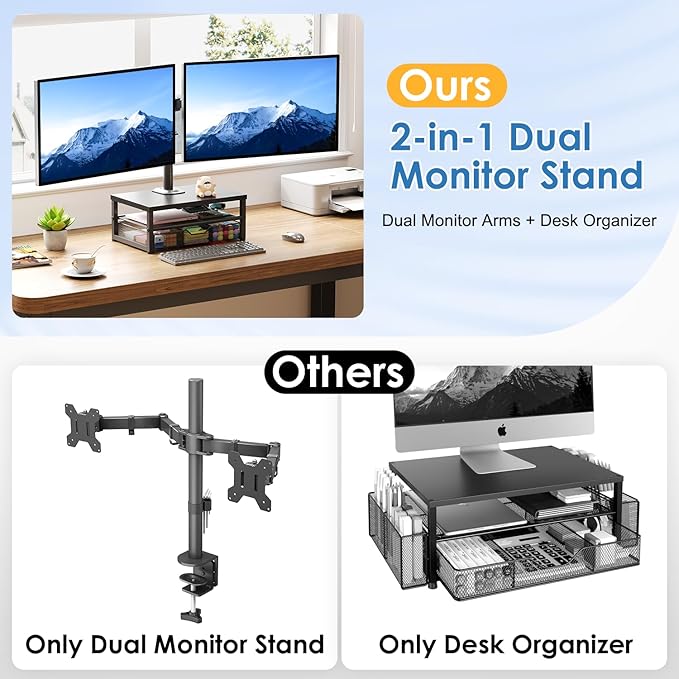 Dual Monitor Stand with Desk Organizer, Heavy Duty VESA Dual Monitor Arm Mount for 13″-27″ Computer Screens, Free-Standing Monitor Arms for 2 Monitors, Adjustable Height Angle, Loads 20Lbs/Arm, Black
