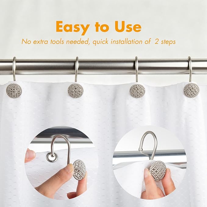 Pearlbee Nickel Shower Curtain Hooks, Rust Proof Shower Curtain Rings for Bathroom, Metal Shower Hooks for Shower Curtain Rod, Modern Decorative Shower Curtain Hangers Set of 12