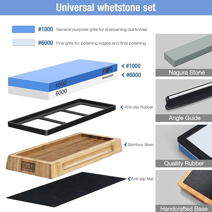 HOSHANHO Knife Sharpening Stone Set, Dual Grit Whetstone 1000/6000 Knife Sharpener, Wet Stone for Sharping Knives with Non-slip Rubber Base Angle Guide
