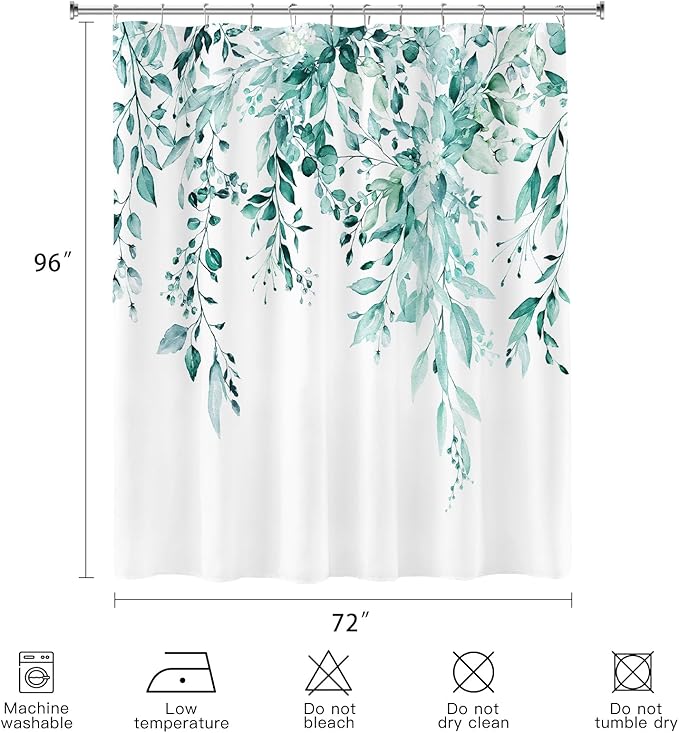 Extra Long Eucalyptus Shower Curtain 72 x 96 Inch, Teal Botanical Floor to Ceiling X-Long Shower Curtain, Watercolor Plant Leaves with Floral Decorative Bathroom Curtain with Hooks
