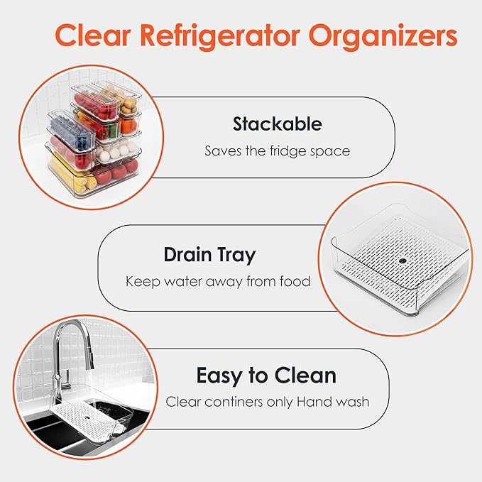 Fridge Organizers and Storage, 8 Pack Clear Freezer Organizer Bins with Lids for Kitchen, Pantry, Refrigerator, Food, Fruit, Vegetable Storage (8 Bins Include A Pull-out Drawer)
