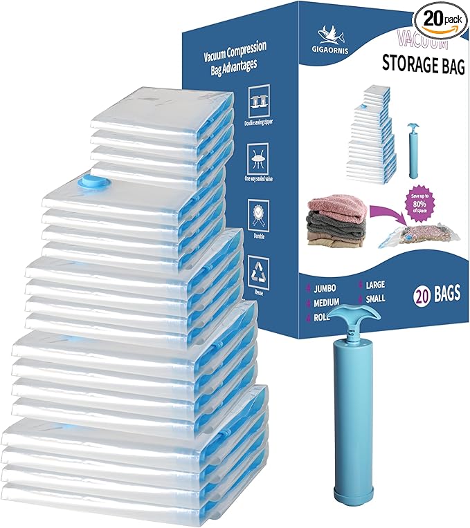 20 Pack Space Saver Vacuum Storage Bags for Clothing Travel, Vacuum Seal Compression Bags for Clothes, Packing, Luggage, Blankets, Comforters and Pillows, Hand Pump Included