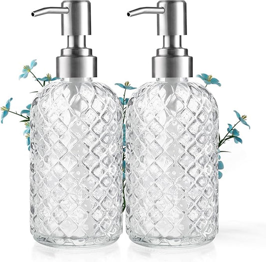 14 Oz Refillable Glass Soap Dispenser with Rust Proof Stainless Steel Pump, for Dispense Hand soap, Body wash, Lotion 2pack