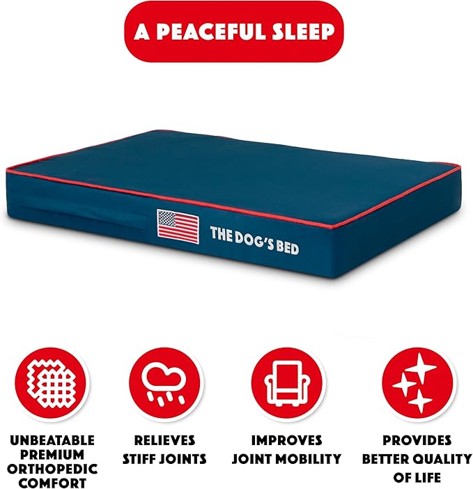 The Dog’s Bed Orthopedic Memory Foam Dog Bed, Medium Blue Oxford with Red Trim USA Flag, Pain Relief for Arthritis, Hip & Elbow Dysplasia, Post Surgery, Supportive, Calming, Waterproof Washable