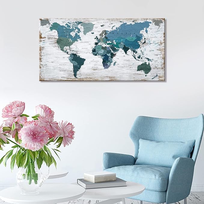 Teal Decor World Map Canvas Wall Art Pictures for Living Room Decoration Blue Wall Decor Office World Map Art Map of the world Picture Framed Artwork for Home Bedroom Decoration 20"x40"