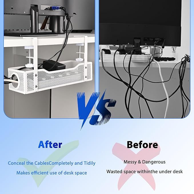 Under Desk Cable Management Tray Small – Clamp-Mounted Wire Organizer & Cord Management Under Desk Holder, No-Drill Metal Cable Tray for Home Office (White)