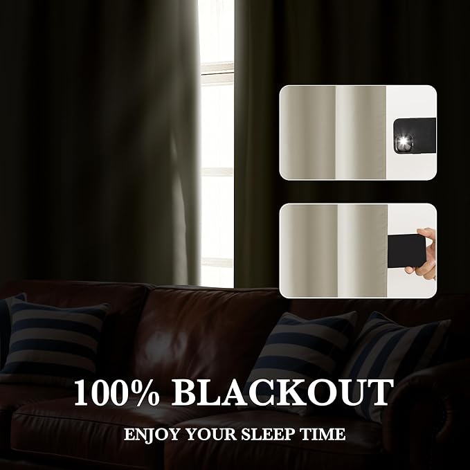 RYB HOME Bedroom Blackout Curtains 63 inches Long, 100% Blackout Thermal Insulated Noise Reducing Curtains for Living Room Nursury, 34 inches Wide by 63 inches Long, Natural
