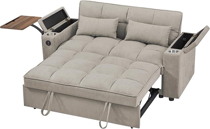 65" Cloud Couch Sleeper Sofa Bed with USB Charging Port & Side Pocket, Chenille Fabric Pull-Out Sofa with Thick Cushions, High Resilience Foam & Pillows for Living Room, Apartment, Small Spaces