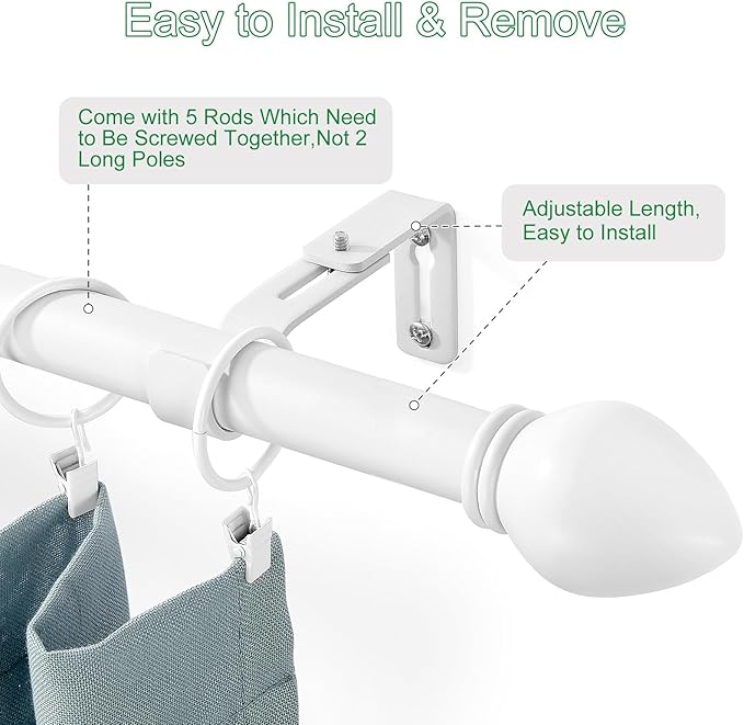 Curtain Rods for Windows 16 to 76 inches, Curtain Rod Max Adjustable Length to 88 in, Drapery Rod 1 inch Diameter with Modern Knobs Finials (White, 16" to 76" - Set of 1)