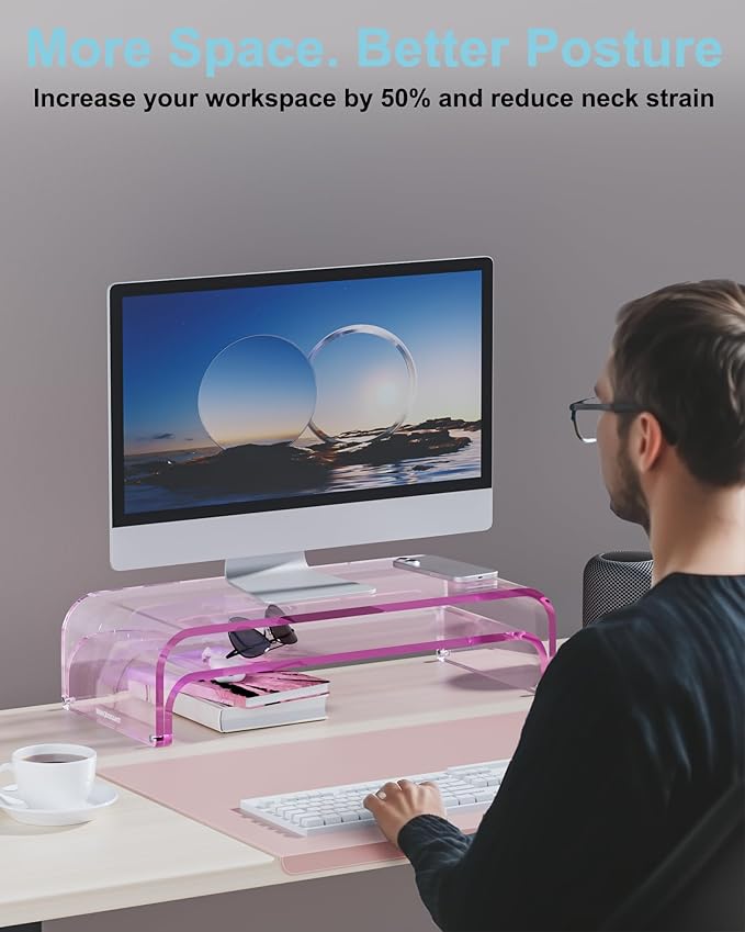 Acrylic Dual Monitor Stand Riser 2 Tier, Modular Laptop Stand for Desk, Multifunctional Desktop Organizer Shelf for PC, iMac, Printer, Detachable Monitor Stand for Office or Home, Pink