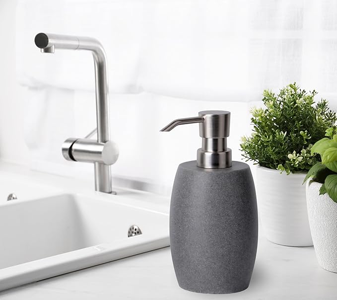 Sandstone Textured Resin Soap Dispenser with Metallic Pump and Waterproof Bottle Labels for Bathroom Kitchen Dish Hand Wash Shower Lotion Shampoo, 12 Oz, Gray