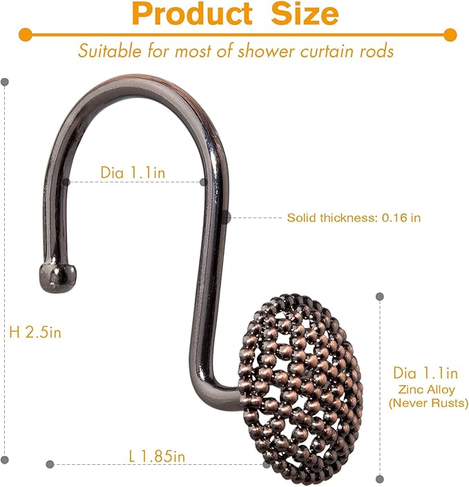 Pearlbee Bronze Shower Curtain Hooks Rings,Oil Rubbed Bronze Decorative Shower Curtain Hooks,Rustproof Vintage Shower Hooks for Bathroom,Set of 12