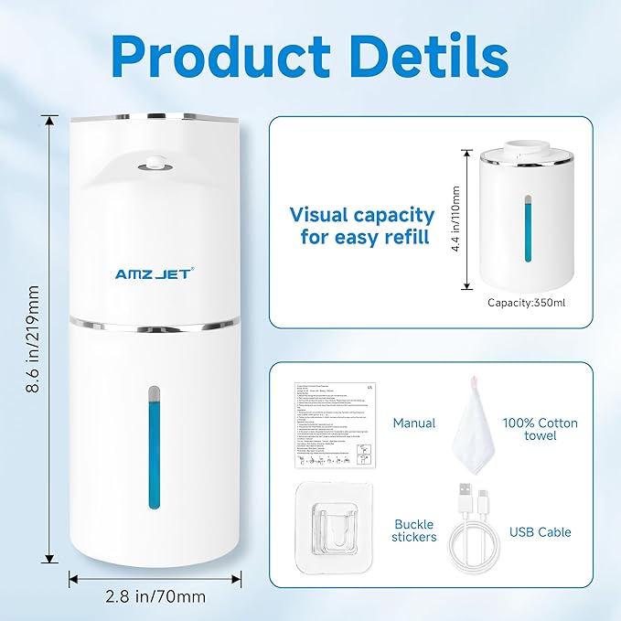 2 Pack Automatic Soap Dispenser, Touchless Rechargeable Dish Soap Dispenser, 3 Level Adjustable Dispensing, 350 ml/13oz Hand Soap Dispensers for Bathroom Kitchen (White)