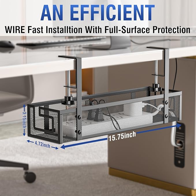 Under Desk Cable Management Tray - GZOKMOG No Drill Cord Organizer with Clamp, Reinforced Metal Mesh Workspace Organizers for Wire, Office Desk Accessories, 1 Pack Black, 15.75 inch