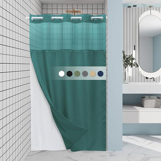Seaweed Green Stall No Hook Shower Curtain with Snap in Liner,230GSM Waffle Weave Shower Curtains for Bathroom,54W x 80H