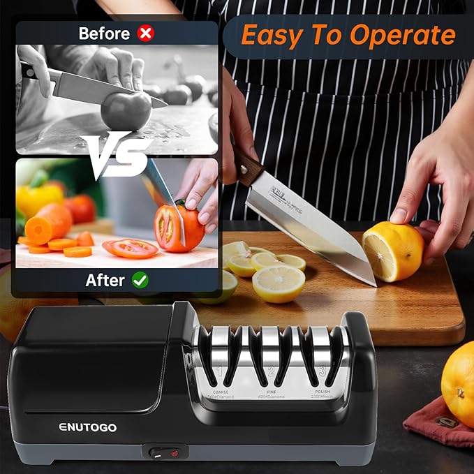 Knife Sharpener, Professional 3-Stage Electric Knife Sharpener for Kitchen Knives, 100% Diamond Abrasive for 20° Precision Angle Guide, Quickly Sharpening and Polish Blades