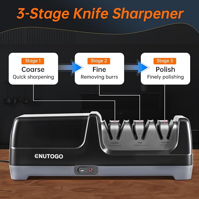 Knife Sharpener, Professional 3-Stage Electric Knife Sharpener for Kitchen Knives, 100% Diamond Abrasive for 20° Precision Angle Guide, Quickly Sharpening and Polish Blades