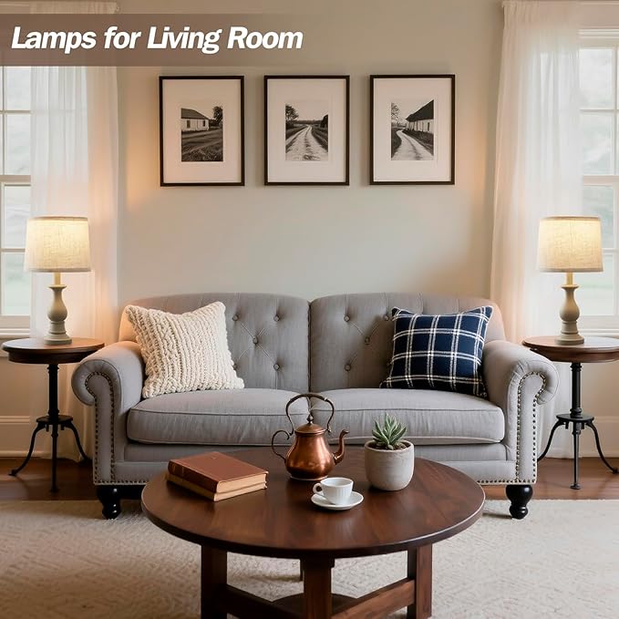 Vintage Table Lamp for Living Room Bedroom, 18.5" Farmhouse Bedside Lamps Nightstand Lamp Set of 2, Table Lamps with Oatmeal Linen Lamp Shades, 2 LED Bulbs Included, White Stripe