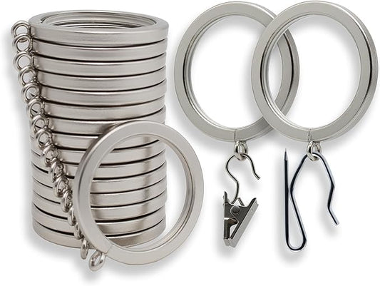 BlastHome® Luxury Curtain Rings – Premium Metal with Quiet, Smooth Nylon Inserts – Pinhooks and Clips Included – 1 1/2" Inside Diameter – 18 Rings for Two Standard Curtains– Brushed Nickel