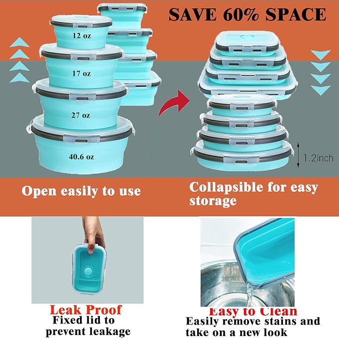 8 Collapsible Food Storage Containers With Lids, Rv Collapsible Bowls, Silicone Food Storage Containers, Camping Food Containers, Collapsible Containers for Food, Camping, Travel