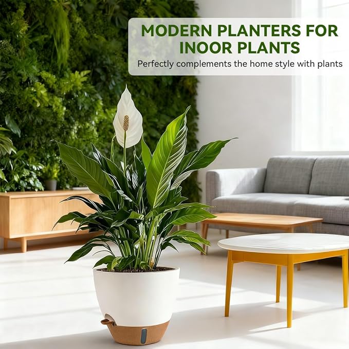 8/9/10 Inch Large Self Watering Pots, Plastic Flower Pots with Multi Mesh Drainage Holes and Water Level Indicator & Deep Reservoir for Indoor Outdoor Garden Plants and Flowers (White)